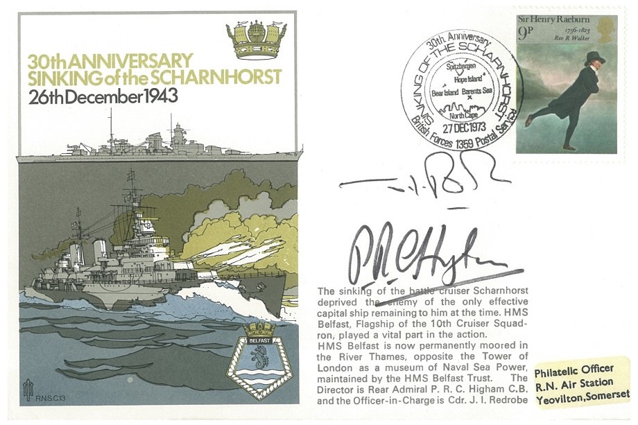 Sinking of the Scharnhorst cover Signed by HMS Belfast Commander J I Redrobe and P R C Higham