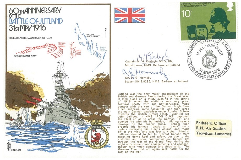 Battle of Jutland cover Signed by Captain M H Evelegh a Midshipman on HMS Benbow at this Battle and Stoker A G Hornsby on HMS Benbow at this Battle