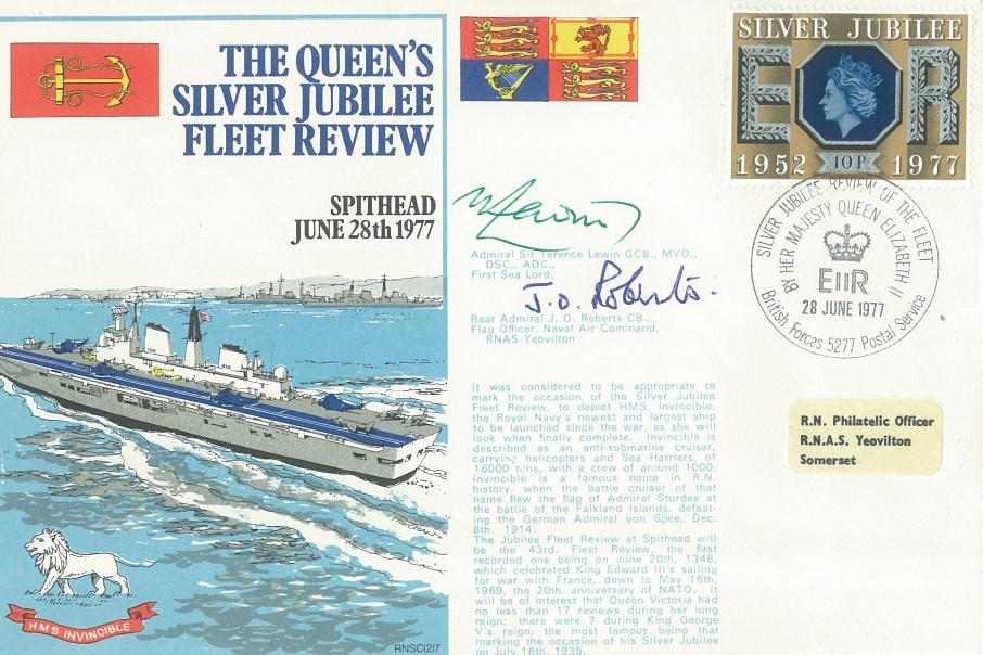 Queens Silver Jubilee Fleet Review cover Signed by Admiral Sir Terence Lewin the First Sea Lord and Rear Admiral J O Roberts, Flag Officer, Naval Air Command, RNAS Yeovilton
