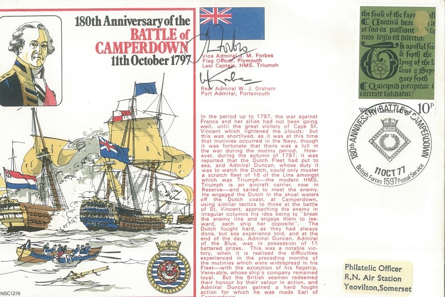 Battle of Camperdown 1797 cover Signed by Vice Admiral J M Forbes the Last Captain of HMS Triumph and Rear Admiral W J Graham Port Admiral Portsmouth