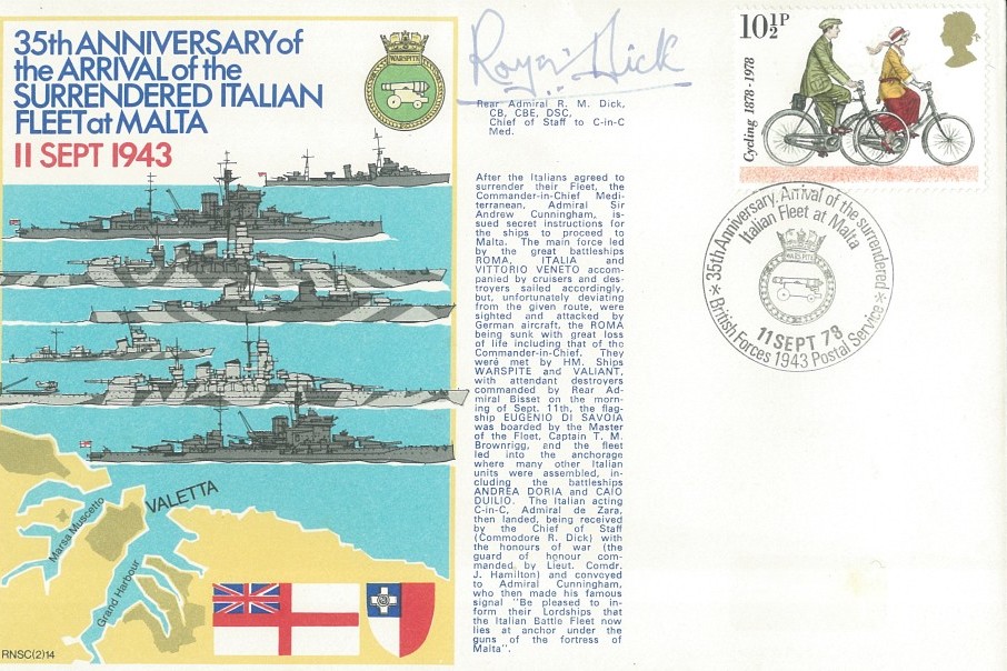 Surrendered Italian Fleet at Malta cover Signed by Rear Admiral R M Dick the Chief of Staff to C-in-C Med