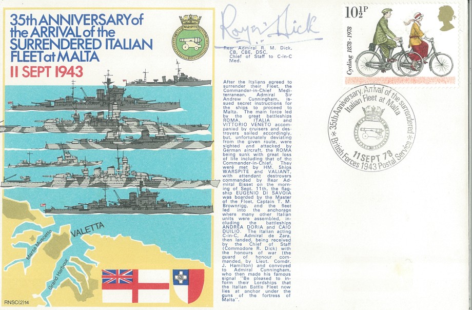 Surrendered Italian Fleet at Malta cover Signed by Rear Admiral R M Dick the Chief of Staff to C-in-C Med
