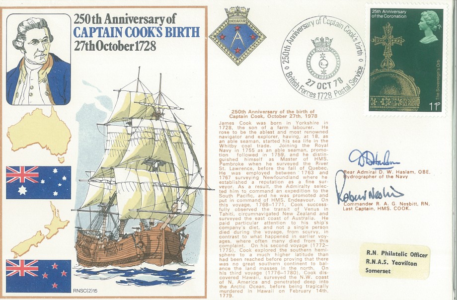 Captain Cook cover Signed by Rear Admiral D W Haslam the Hydrographer of the Navy and Commander R A G Nesbitt the last Captain of HMS Cook