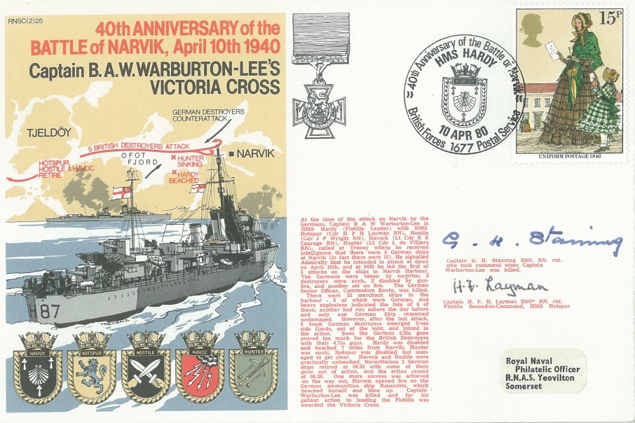 Battle of Narvik cover Signed by Captain H F H Layman the Flotilla Second-In-Command HMS Hotspur and Captain G H Stanning who took Command when Captain Warburton-Lee was killed