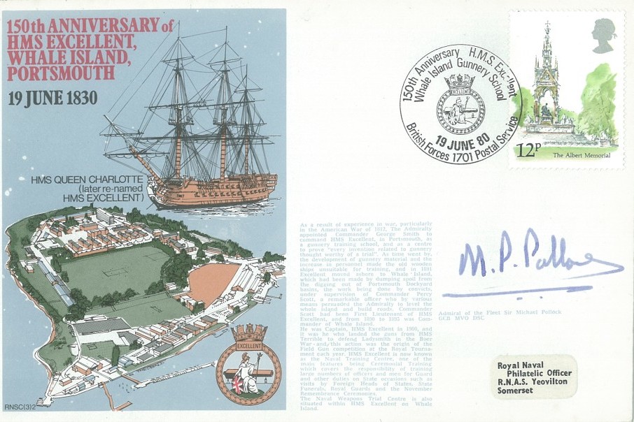 HMS Excellent Whale Island Portsmouth cover Signed by Admiral of the Fleet Sir Michael Pollock