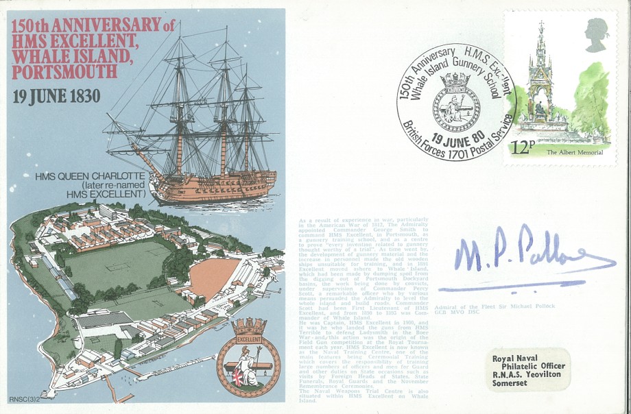 HMS Excellent Whale Island Portsmouth cover Signed by Admiral of the Fleet Sir Michael Pollock