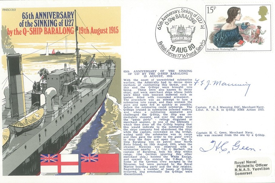 Sinking of U27 by the Q Ship Baralong cover Signed by Captain H C Geen who was rescued  by a Q Ship and Captain F J G Manning a Lt in Q Ship HMS Action in 1915