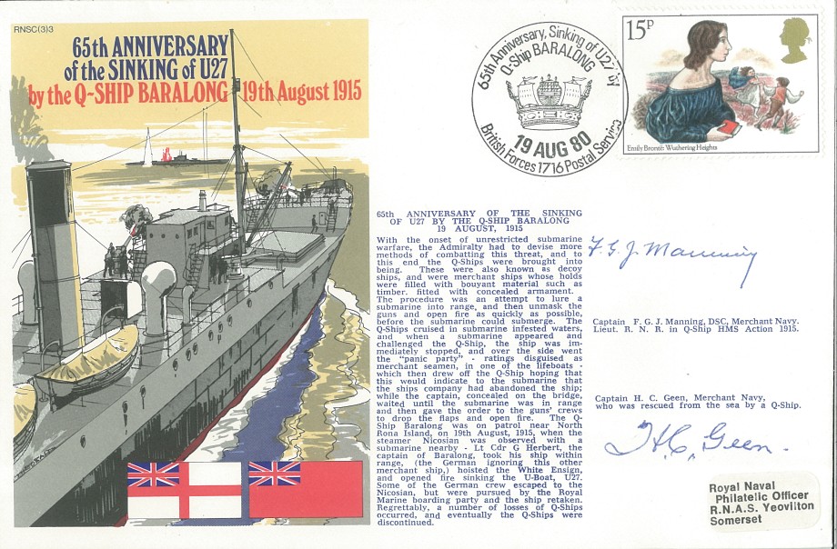Sinking of U27 by the Q Ship Baralong cover Signed by Captain H C Geen who was rescued  by a Q Ship and Captain F J G Manning a Lt in Q Ship HMS Action in 1915