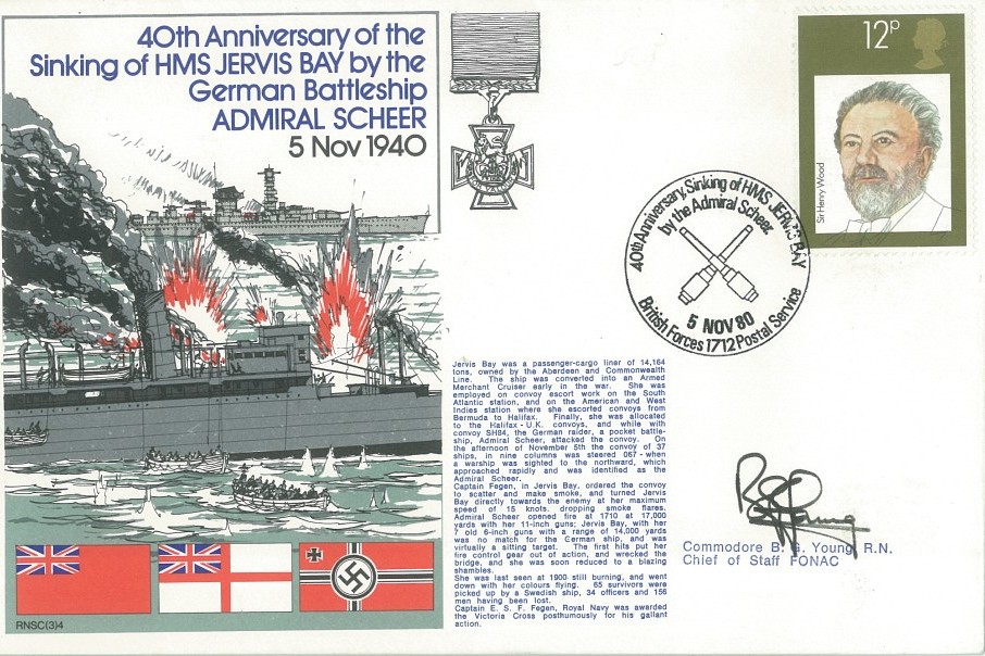 Sinking of HMS Jervis Bay cover Signed by Commodore B G Young the Chief of Staff FONAC