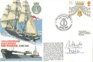 HMS Warrior cover Signed by Lord Fisher of Kilverstone the grandson of Admiral of the Fleet Lord Fisher and Vice Admiral Sir Patrick Bayly