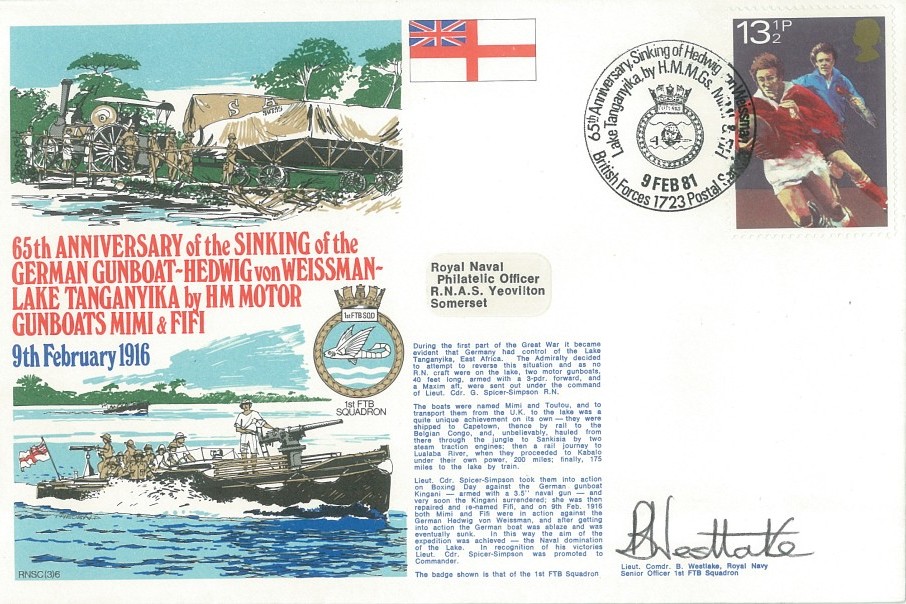 Sinking of the German Gunboat Hedwig von Weissman cover Signed by Lt Cdr B Westlake the Senior Officer 1st FTB Squadron