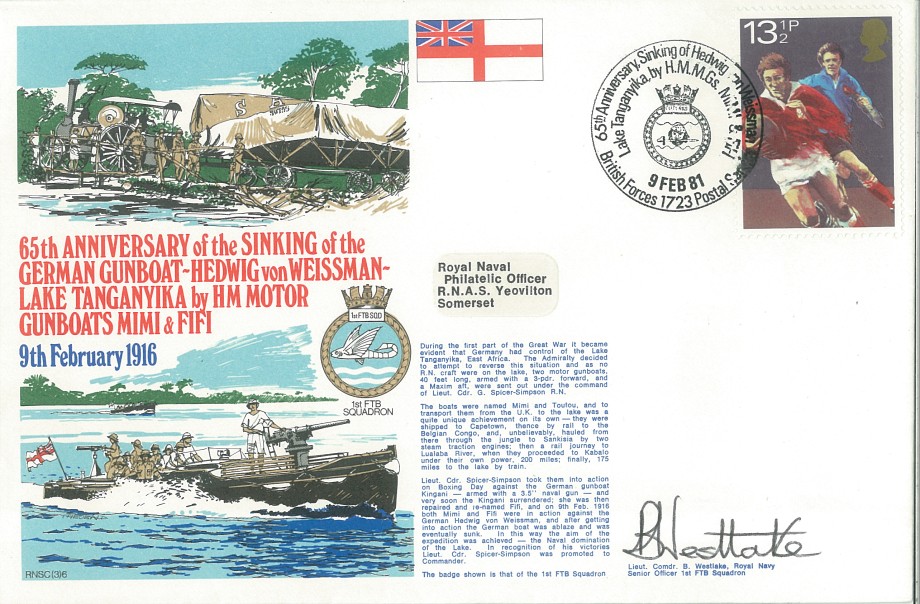 Sinking of the German Gunboat Hedwig von Weissman cover Signed by Lt Cdr B Westlake the Senior Officer 1st FTB Squadron