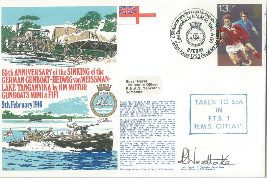 Sinking of the German Gunboat Hedwig von Weissman cover Signed by Lt Cdr B Westlake the Senior Officer 1st FTB Squadron