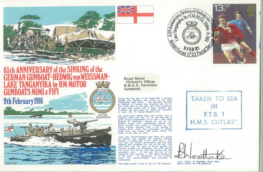 Sinking of the German Gunboat Hedwig von Weissman cover Signed by Lt Cdr B Westlake the Senior Officer 1st FTB Squadron