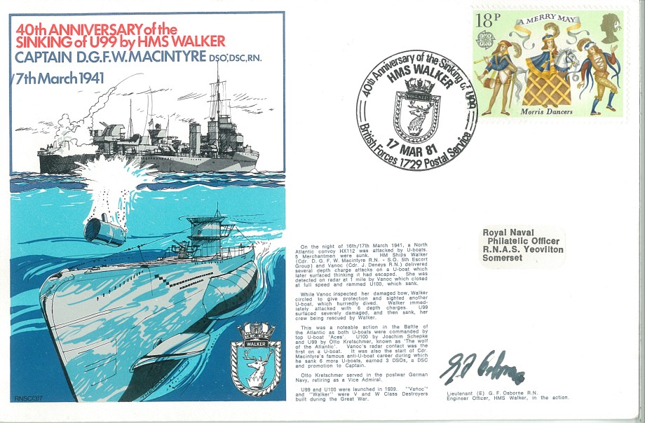 Sinking of U99 by HMS Walker cover Sgd by Lt G F Osborne the Engineer Officer on HMS Walker