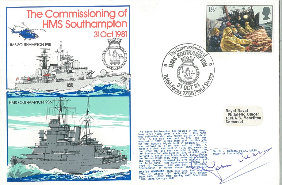 HMS Southampton cover Signed by B J Deacon the Mayor of Southampton