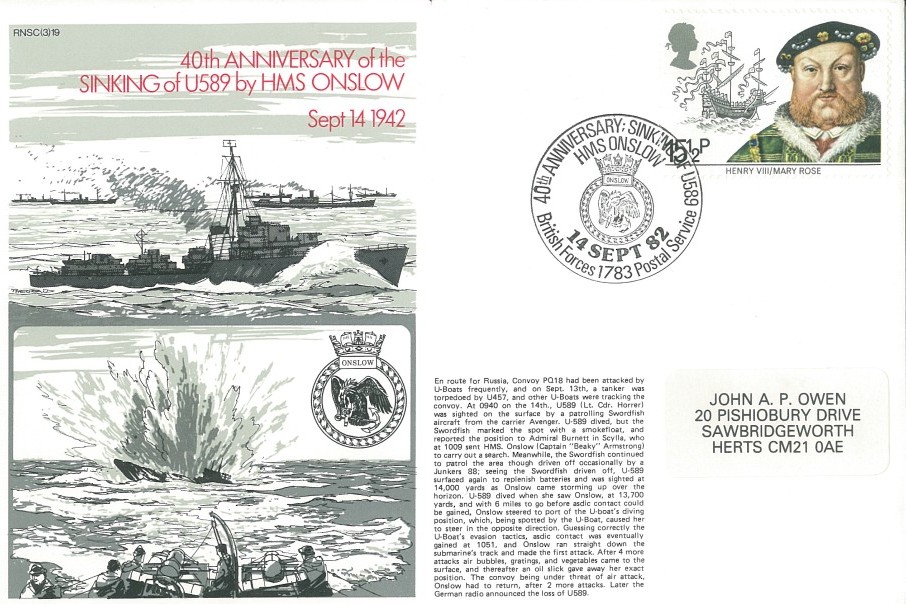 Sinking of U589 by HMS Onslow cover