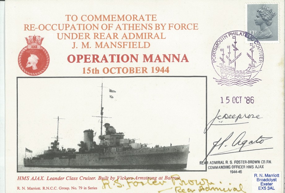 Operation Manna cover Signed by Rear Admiral R S Foster-Brown the CO of HMS Ajax 1944