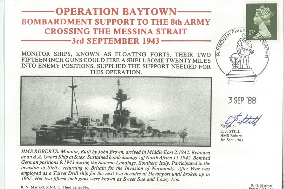 Operation Baytown cover Signed by E J Still who served on HMS Roberts in this action