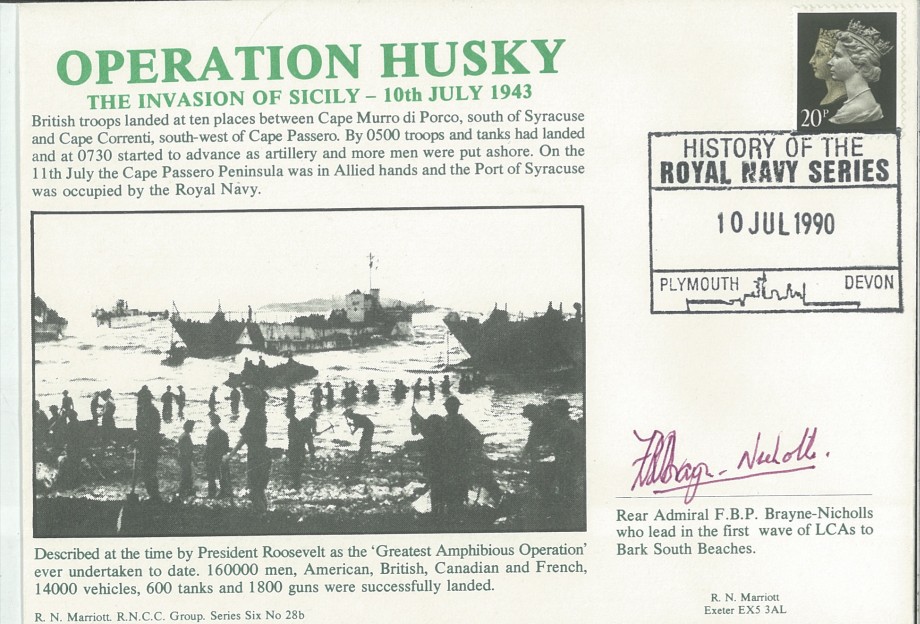 Operation Husky cover Signed by Rear Admiral F B P Brayne-Nicholls who led the first wave of LCAs