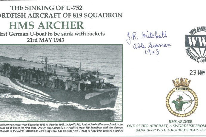 HMS Archer cover Signed by AS J R Mitchell who served on HMS Archer in this attack