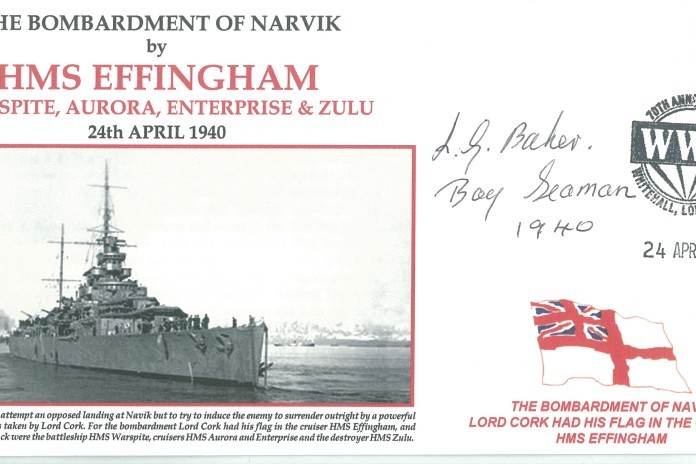 HMS Effingham cover Sgd by Leslie Baker who was on HMS Effingham and was a Commando on D Day