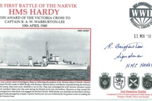 HMS Hardy cover Signed by Boy seaman Ralph Brigginshaw who was seriously wounded in this Battle