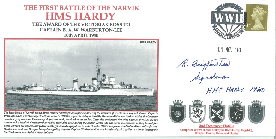 HMS Hardy cover Signed by Boy seaman Ralph Brigginshaw who was seriously wounded in this Battle