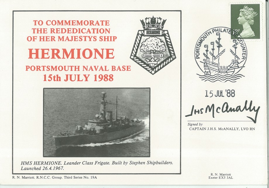 HMS Hermione cover Signed by the Captain J H S McAnally