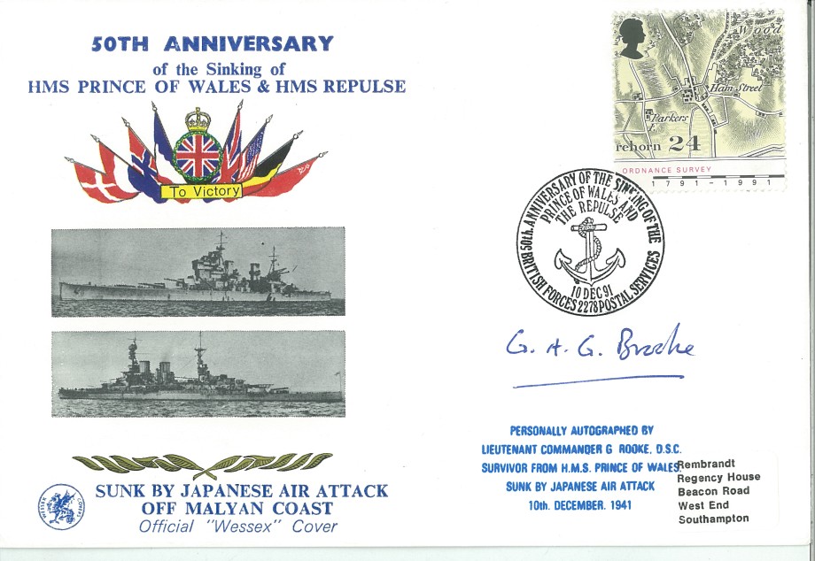 HMS Prince of Wales and HMS Repulse cover Sgd by G A G Brooke who survived the Japanese Attack