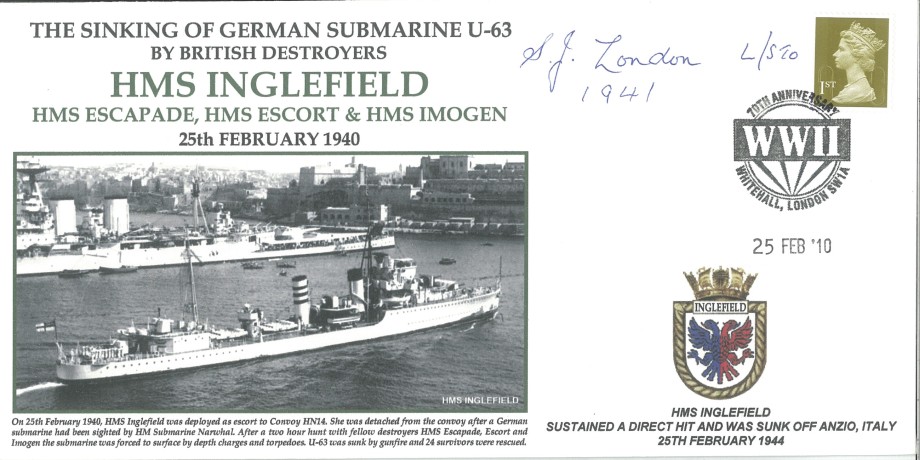 HMS Inglefield cover Signed by Leading Stoker S J London who served on HMS Inglefield in this action