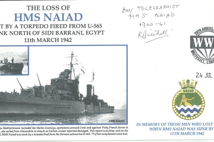 HMS Naiad cover Signed by Boy Telegraphist R J Mitchell who survived the sinking