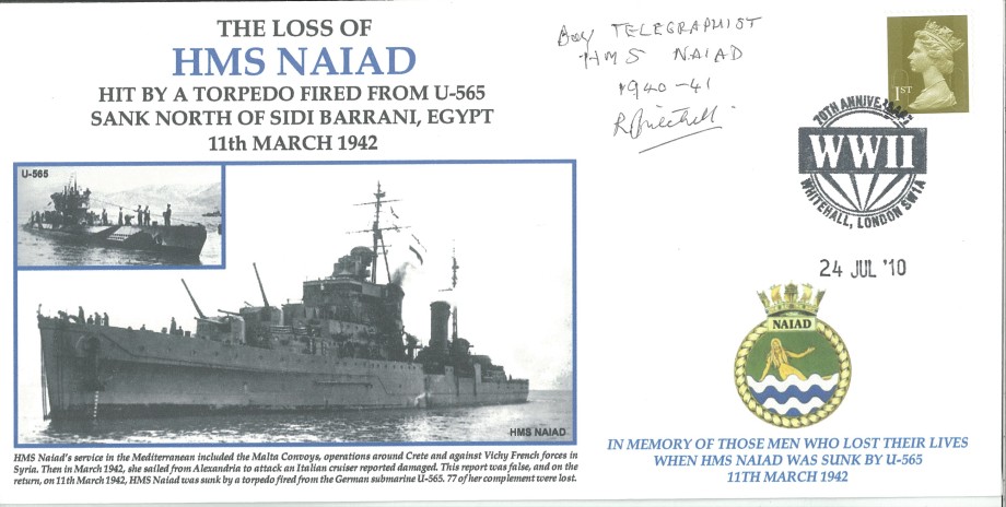 HMS Naiad cover Signed by Boy Telegraphist R J Mitchell who survived the sinking