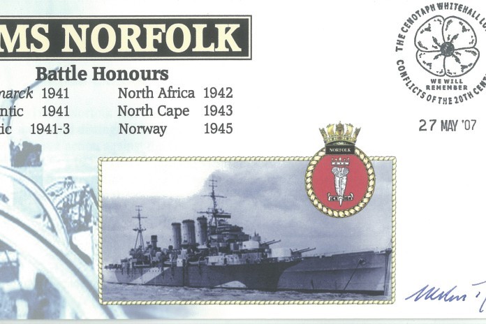 HMS Norfolk cover Signed by Sir Lancelot Bell Davies who was a Midshipman on HMS Norfolk in WW2