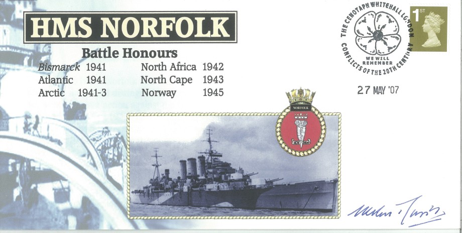 HMS Norfolk cover Signed by Sir Lancelot Bell Davies who was a Midshipman on HMS Norfolk in WW2