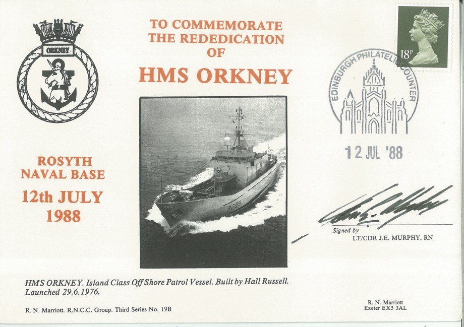 HMS Orkney cover Signed by Lt Cdr J E Murphy