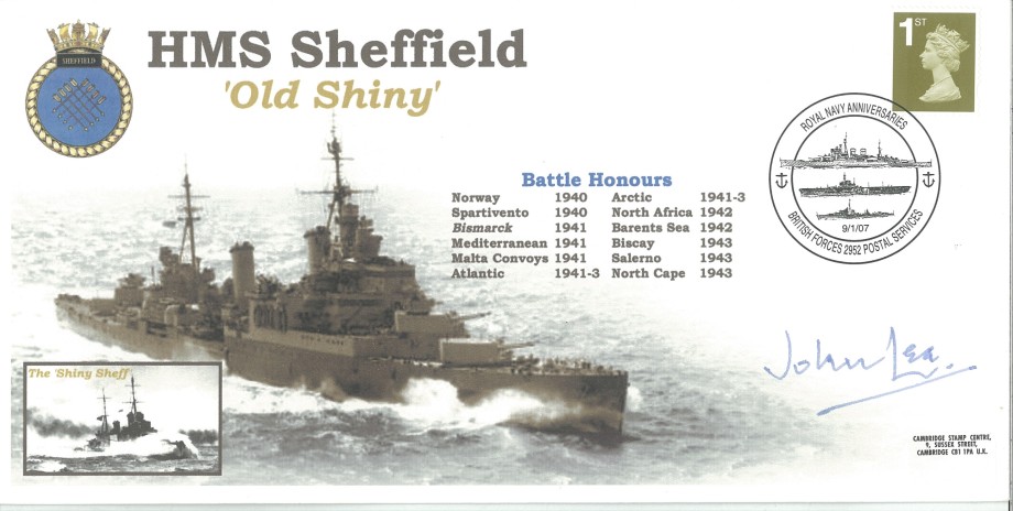 HMS Sheffield - Old Shiny cover Signed by Vice Admiral Sir John Lea who served on HMS Sheffield