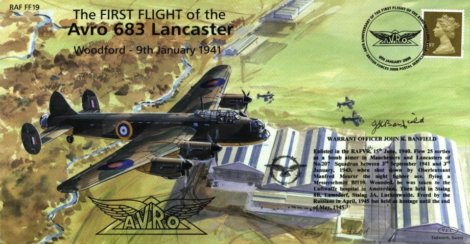 Avro 683 Lancaster cover Sgd J K Banfield of 207 Sq