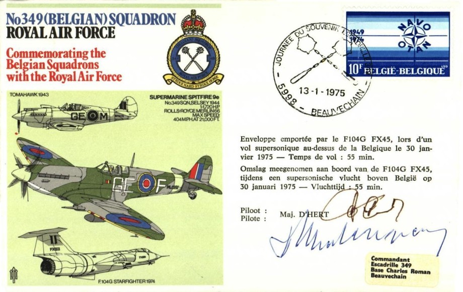 No 349 (Belgian) Squadron cover Signed by the pilot Maj D'Hert and Ambassador Roger Malangrau