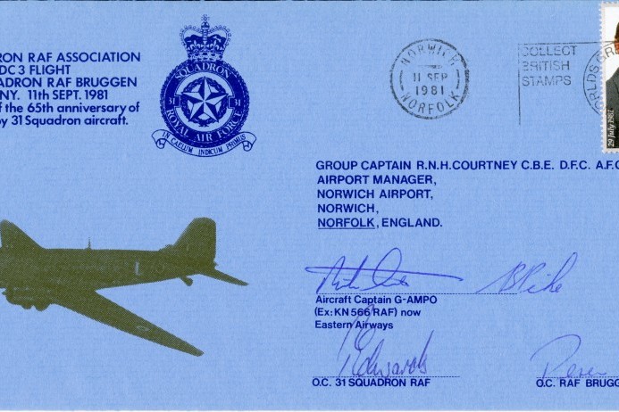 First Flight by 31 Squadron cover Signed by the DC3 Captain, the OC of 31 Squadron and the OC of RAF Bruggen