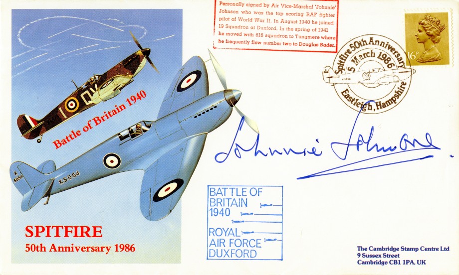 Spitfire Cover Signed Johnnie Johnson With 19 Squadron And 616 Squadron