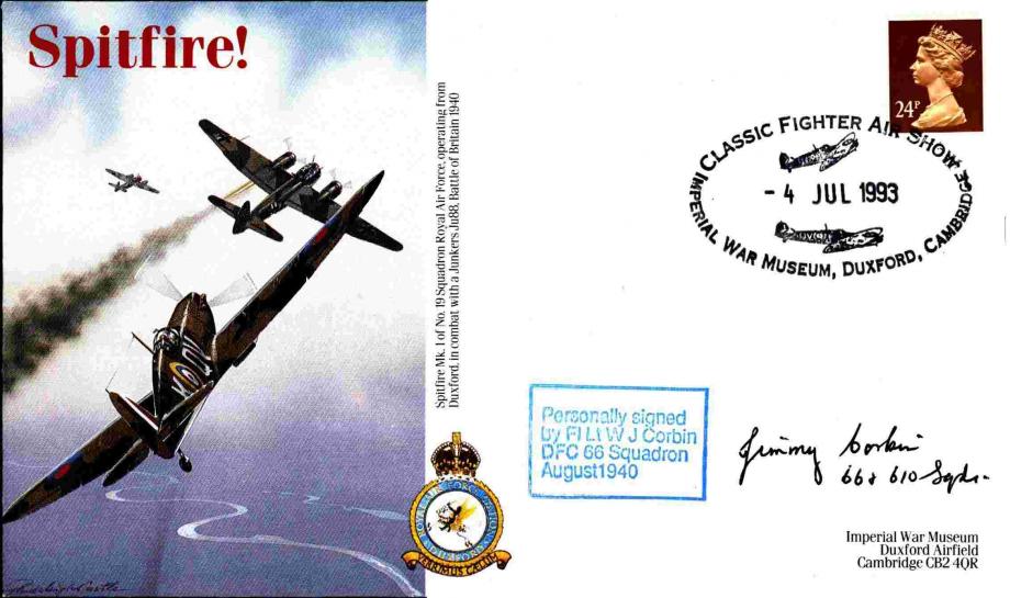 Battle Of Britain Cover Signed W J Corbin A BoB Pilot 66 And 610 Squadrons