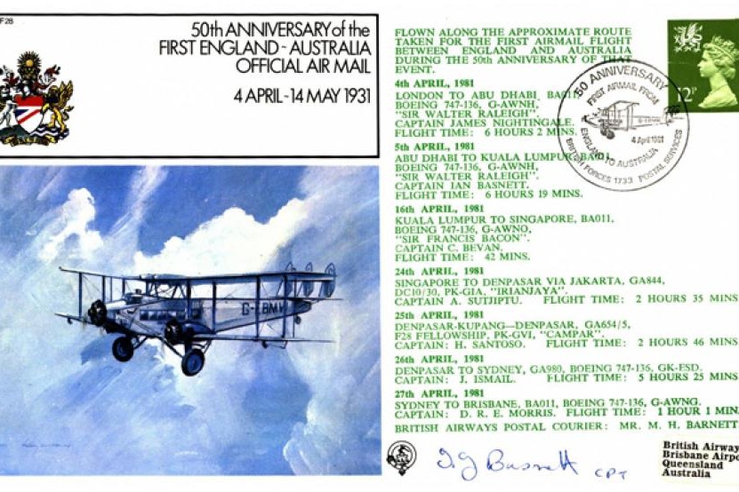 First England to Australia official air mai cover Sgd