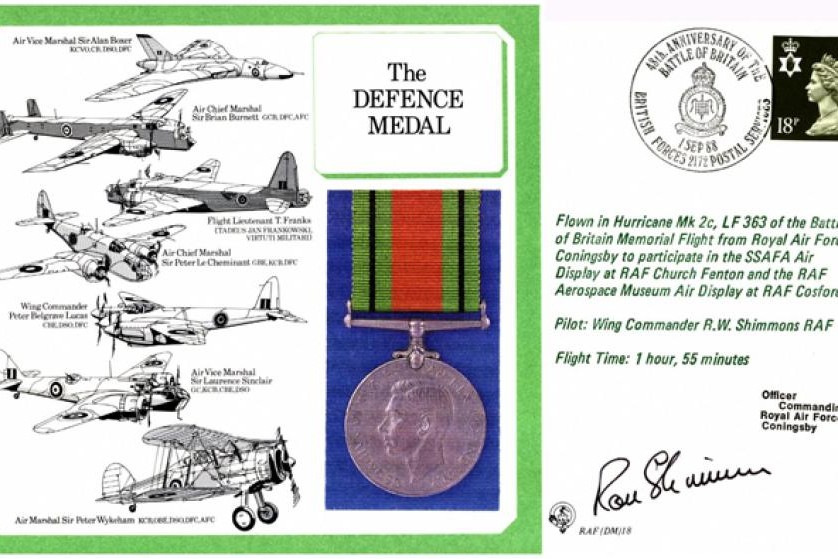 Defence Medal cover Signed R W Shimmons