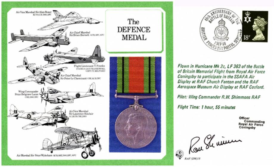 Defence Medal cover Signed R W Shimmons