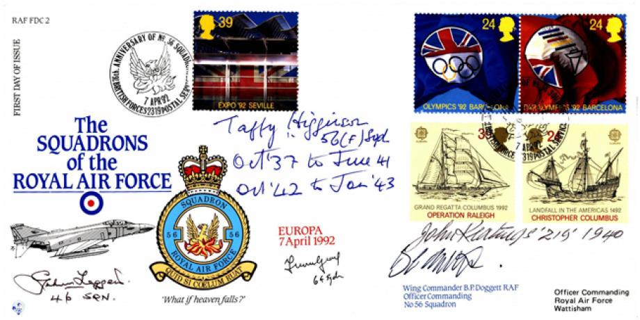 56 Squadron FDC Signed by WC B.P Doggett the OC of 56 Squadron and 4 other WW2 aviators