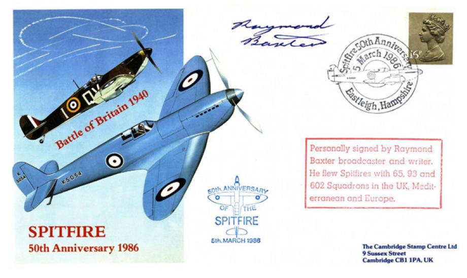 Spitfire Cover Signed By The Spitfire Pilot And Broadcaster Raymond Baxter Of 65 Squadron 93 Squadron And 602 Squadron