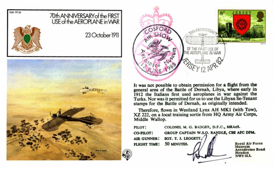 First use of an aeroplane in war cover Sgd Randle