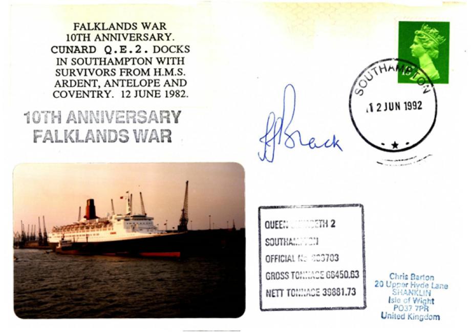 Falklands Cover  QE2 Docks + Ardent Antelope & Coventry