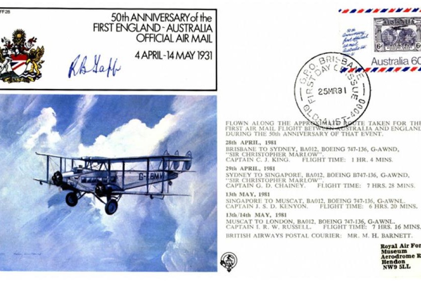 First England to Australia official air mai cover Sgd